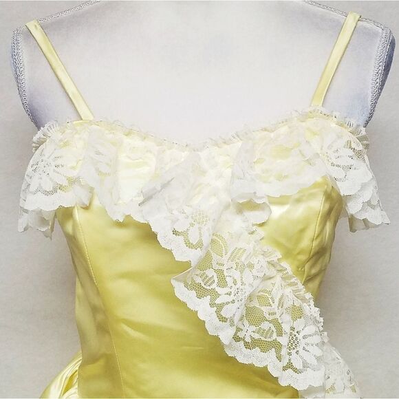 1950s Vintage Yellow Ruffle Satin Lace Bow Full Skirt Maxi Antebellum Dress S - Picture 4 of 10